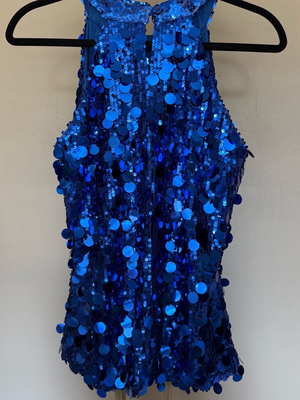 Guanyy Vibrant Royal Blue Large Sequin Halter Top Tunic Length High Mock Collar - Picture 2 of 8